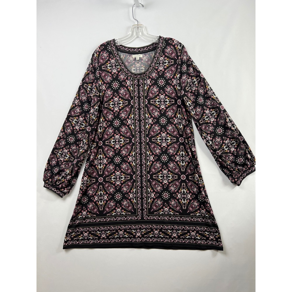 Max Studio Shift Dress Womens XL Black Pink Paisley Floral Long Sleeve Stretch